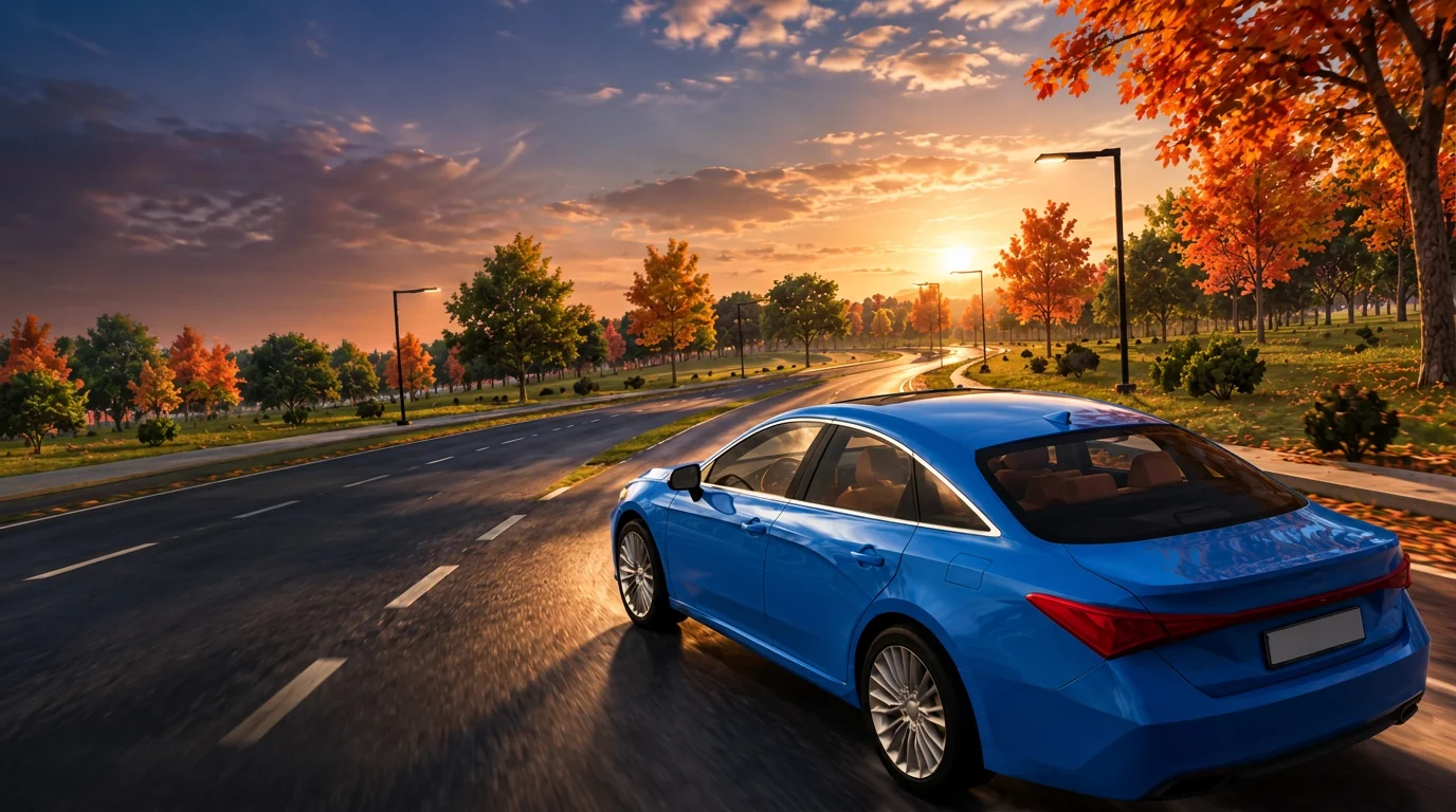 Blue sedan on an autumn road at sunset — Open World concept artwork